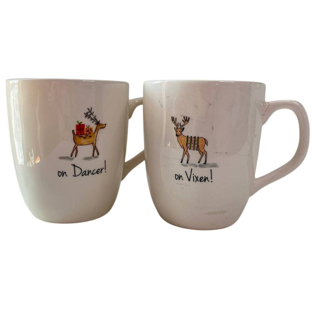Rae Dunn Artisian collection, Reindeer Christmas mugs, Dancer & Vixon,  set of 2